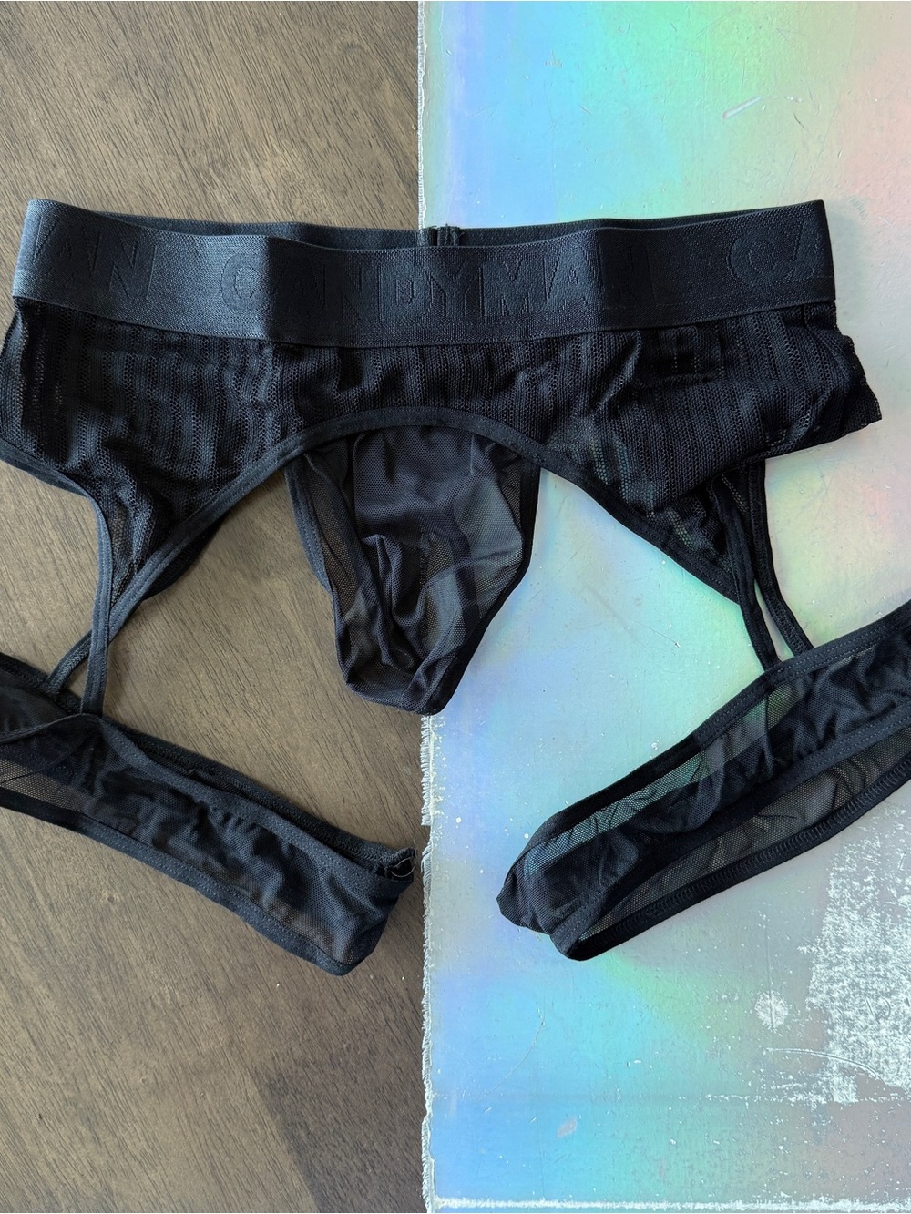 Candyman Black Men’s Mesh Lingerie Thong with Leg Straps Elastic Garters